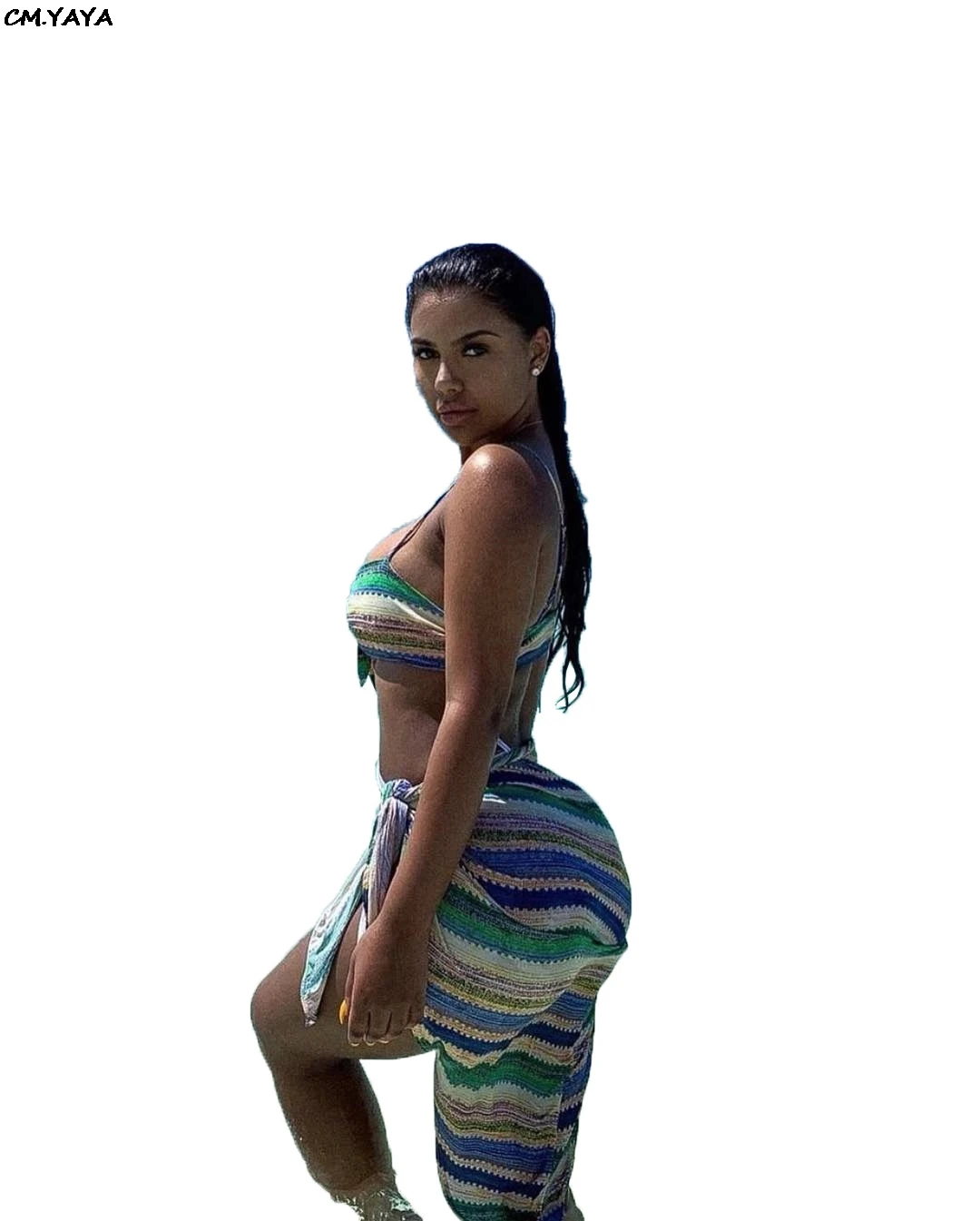 Женский укороченный топ в полоску пляжный костюм из трех предметов сексуальный