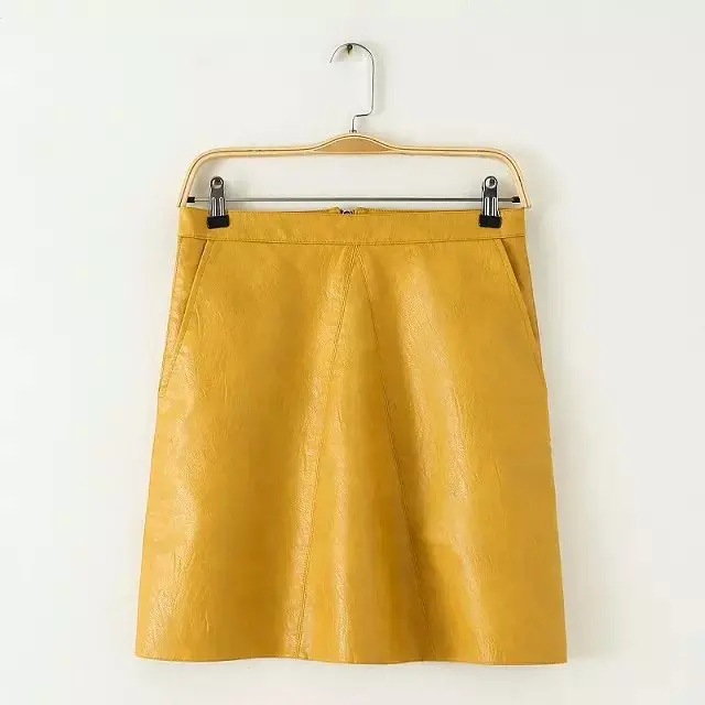 A YELLOW Bella philosophy, Весенняя новинка, искусственная кожа, Женская юбка с высокой талией, розовая, желтая, черная, с молнией сзади, с карманом, мини-юбка - Цвет: A YELLOW