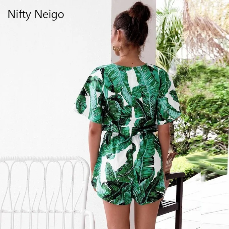 Nifty Neigo Харадзюку женские комбинезоны с принтом в виде листьев и шнуровкой летние