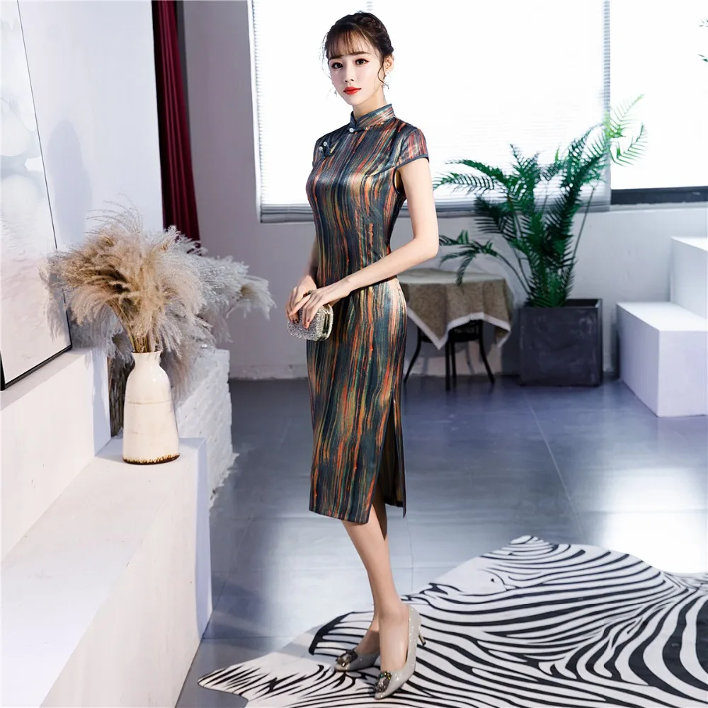 Шанхай история китайский стиль Платье До Колена Cheongsam цветочный Qipao восточное платье с коротким рукавом Вечерние платья для женщин