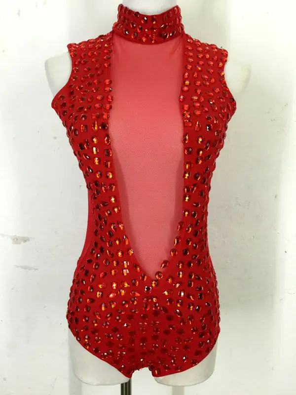 Черная кожа и красные стразы боди Женский певец DS танец сценический костюм