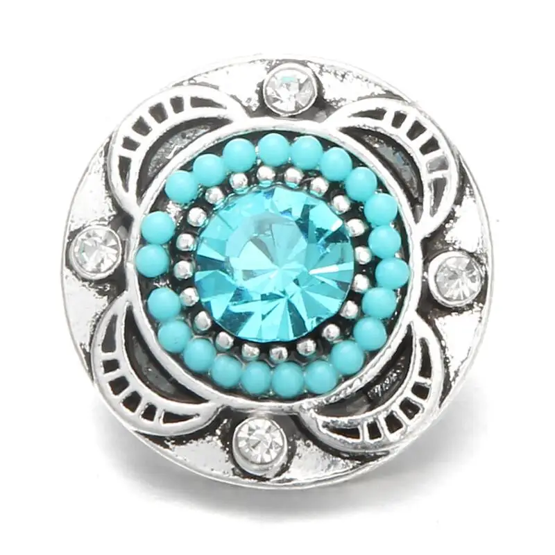

Hot Sale 10pcs/lot Metal Vintage Blue Crystal Round Snap Charms Fit 18mm Ginger Snap Buttons Bracelets Necklace DIY Jewelry