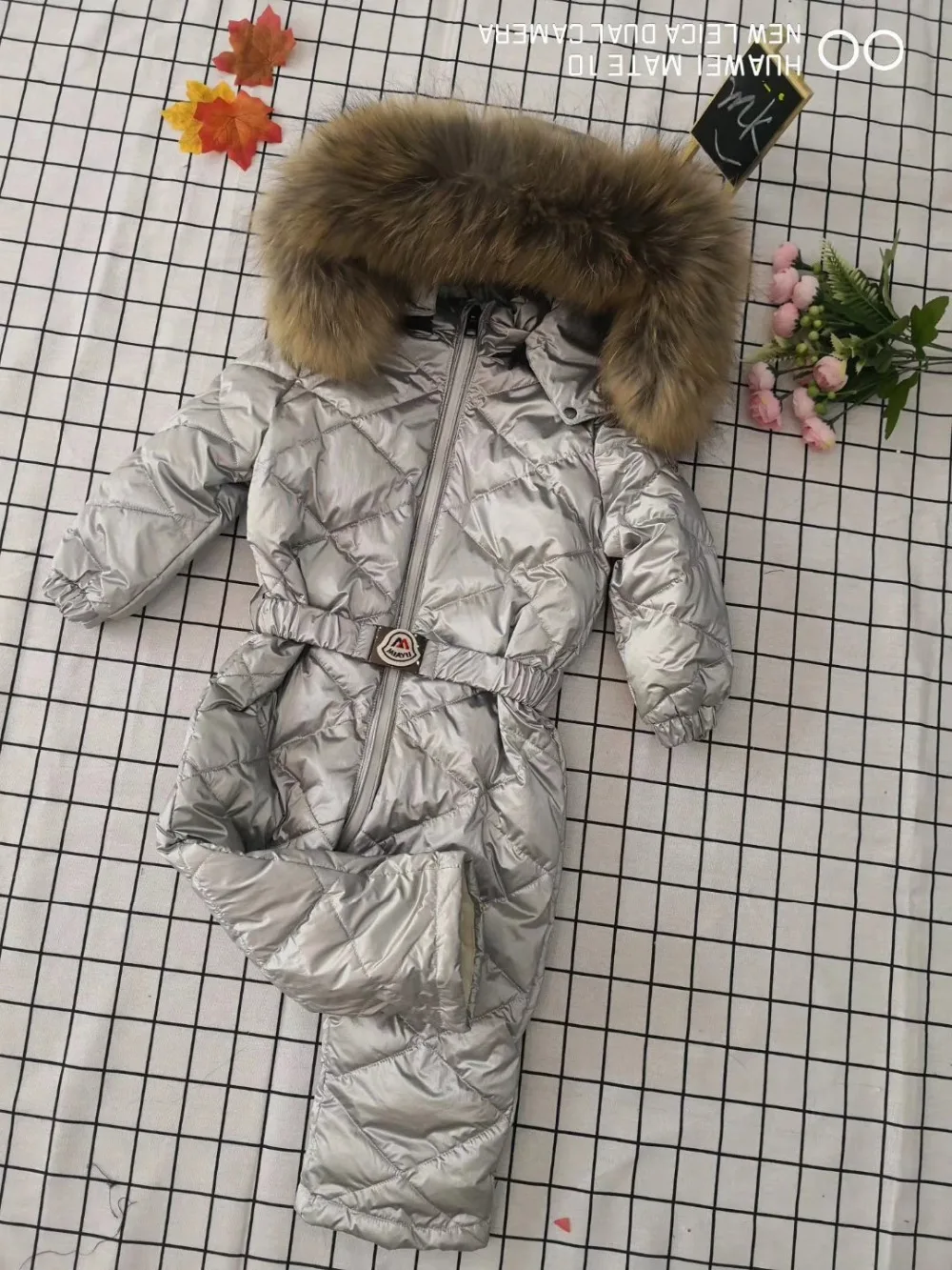 70cm-150cm Real fur hooded baby outergoing Winter children jumpsuit snow suit girl down boy Baby coveralls ski suit
