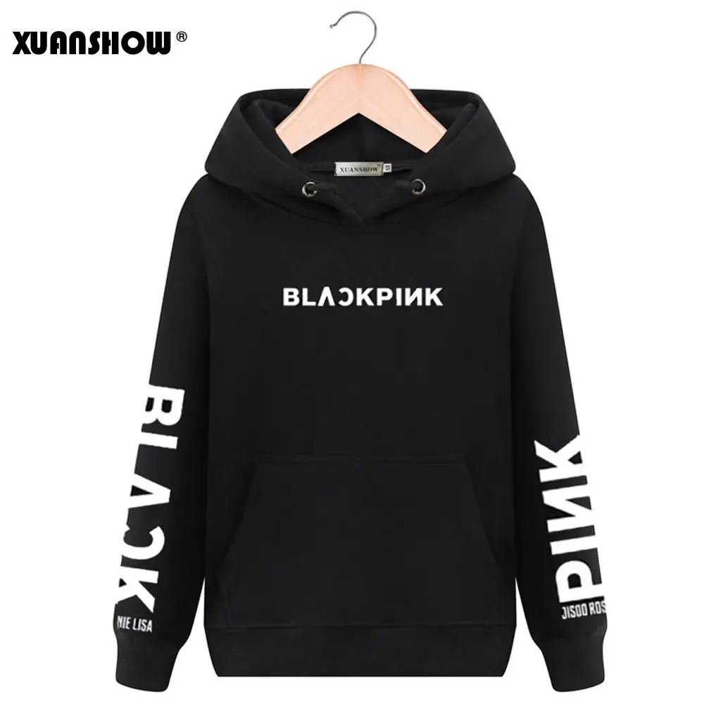 Black XUANSHOW модные толстовки унисекс Swirtshirts Blackpink KPOP с длинным рукавом шляпа одежда Пуловеры Кофты Sudadera Mujer S-XXL - Цвет: Black