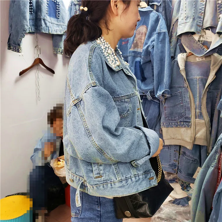 Женское джинсовое пальто свободное Ковбойское короткое с бантом расшитое