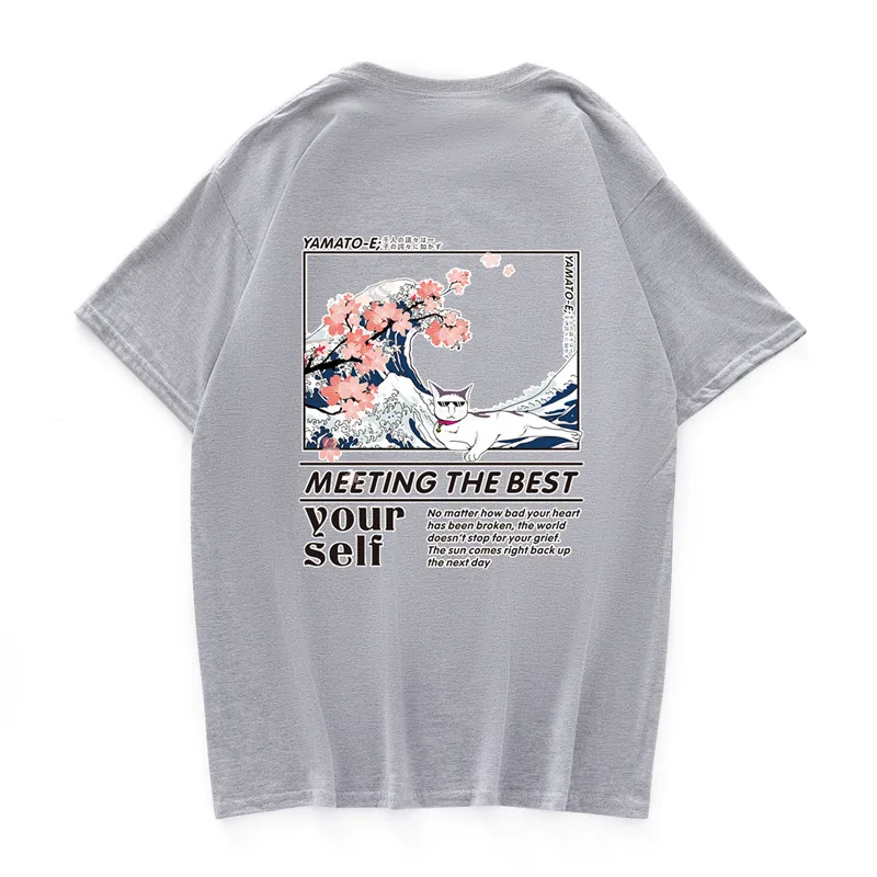 

Wave Cat Print Tee Shirts Harajuku Casual Streetwear Tshirts Men Hip Hop Summer Short Sleeve Tops Fashion Male Tees