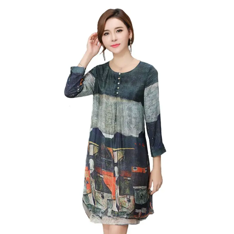 S 2XLPlus размер шелковое платье для женщин весна лето осень винтажное с рукавом Семь