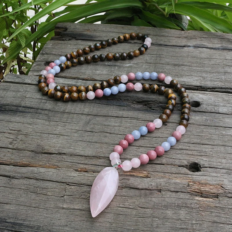 

8mm Tiger's Eye And Rhodochrosite JaPaMala Beads Necklace, Long Nacklace, 108 Bead Mala, Mala Jewelry, Yoga Class Prayer Jewelry