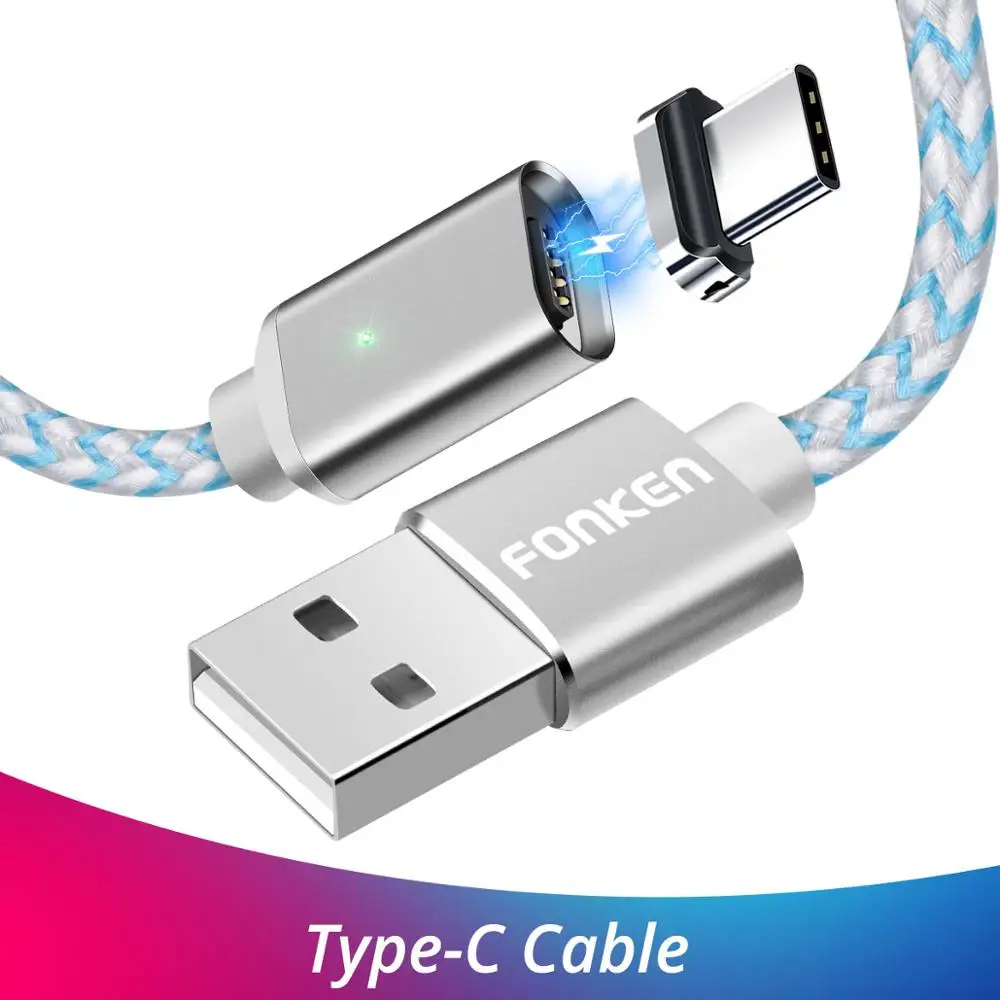 White Type C Cable Магнитный кабель FONKEN usb type-C, 2 м, 2,4 А, магнитные usb-кабели для телефонов, быстрое зарядное устройство, USB type-C, зарядный провод, светодиодный шнур для зарядки мобильных телефонов - Цвет: White Type C Cable