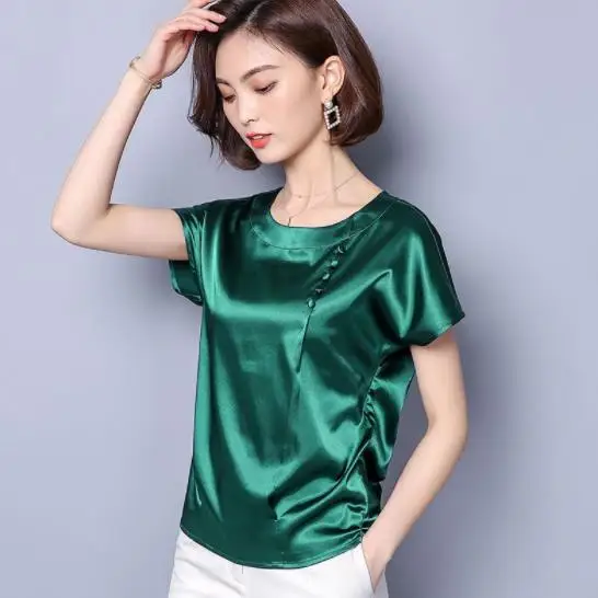 Элегантная женская блузка для офиса атласная шелковая короткая однотонная