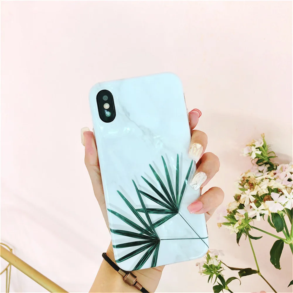 Чехлы для iPhone X летние зеленые листья растений простой стиль белый Мрамор телефон