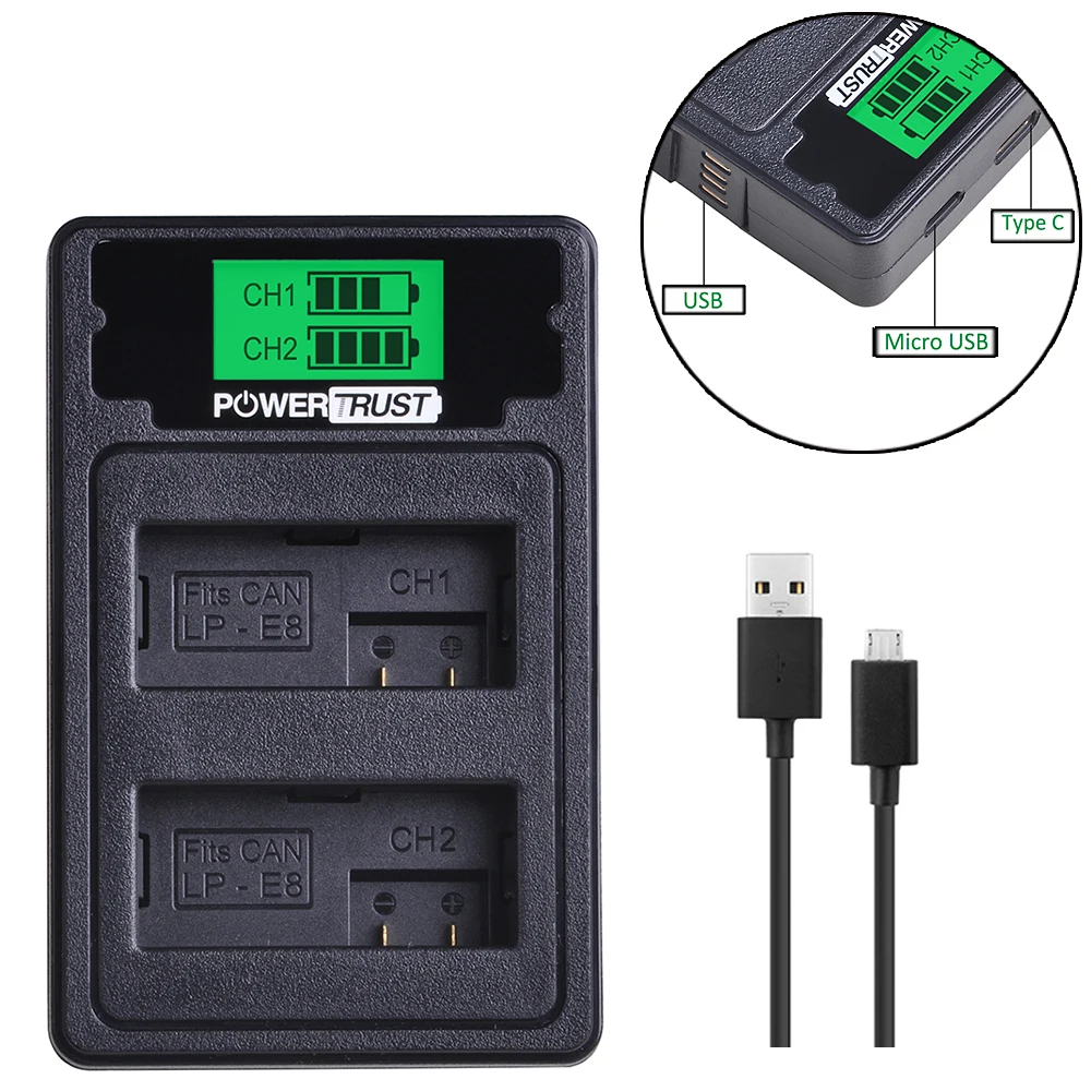 Аккумулятор LPE8 LP-E8 LP E8 + двойное зарядное устройство USB с ЖК-дисплеем и портом Type-C