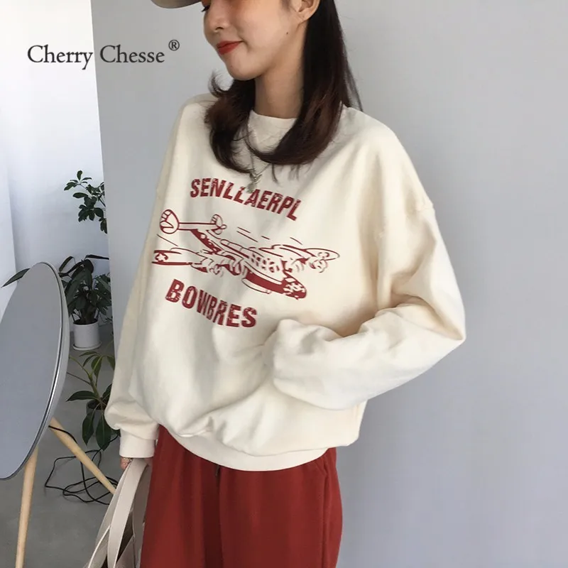 Cherry Chesse Harajuku для женщин толстовка с длинными рукавами и круглым вырезом Принт