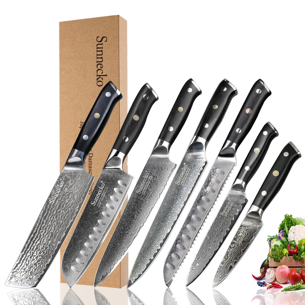 

SUNNECKO 7PCS Kitchen Knives Set Damascus Japanese VG10 Steel Chef Slicing Santoku Utility Paring Cleaver Bread Knife G10 Handle