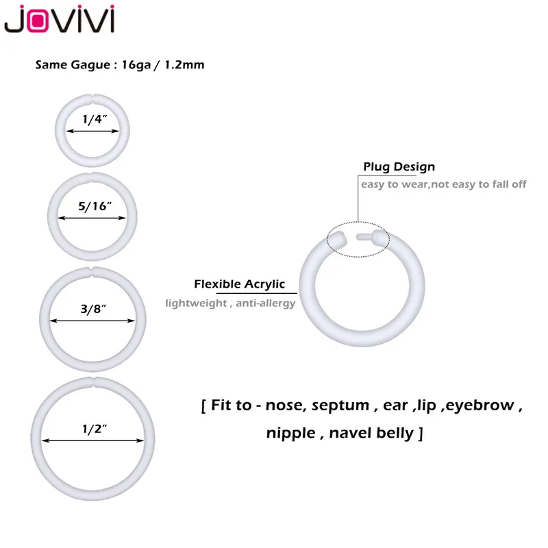 Jovivi 20 шт. 16 г гибкий акрил прозрачный перегородка кольца для носа фиксаторы Bioflex хряща Tragus серьги-спирали 6-12 мм внутренняя