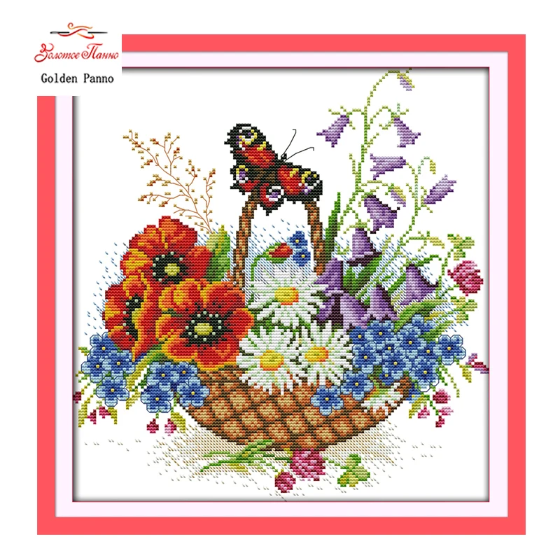 Golden Panno,Flower basket and beautiful butterfly DMC Counted Chinese Cross Stitch Kits printed Cross-stitch set Embroidery923
