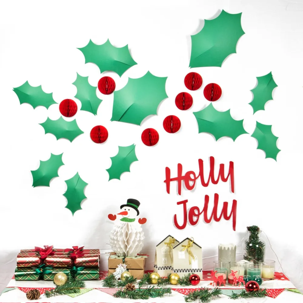 Christmas Stickers Decoration Holly Jolly Green Mistletoe Leaves 3D Wall Red Honeycomb Balls Ornaments DIY Party Crafts | Дом и сад
