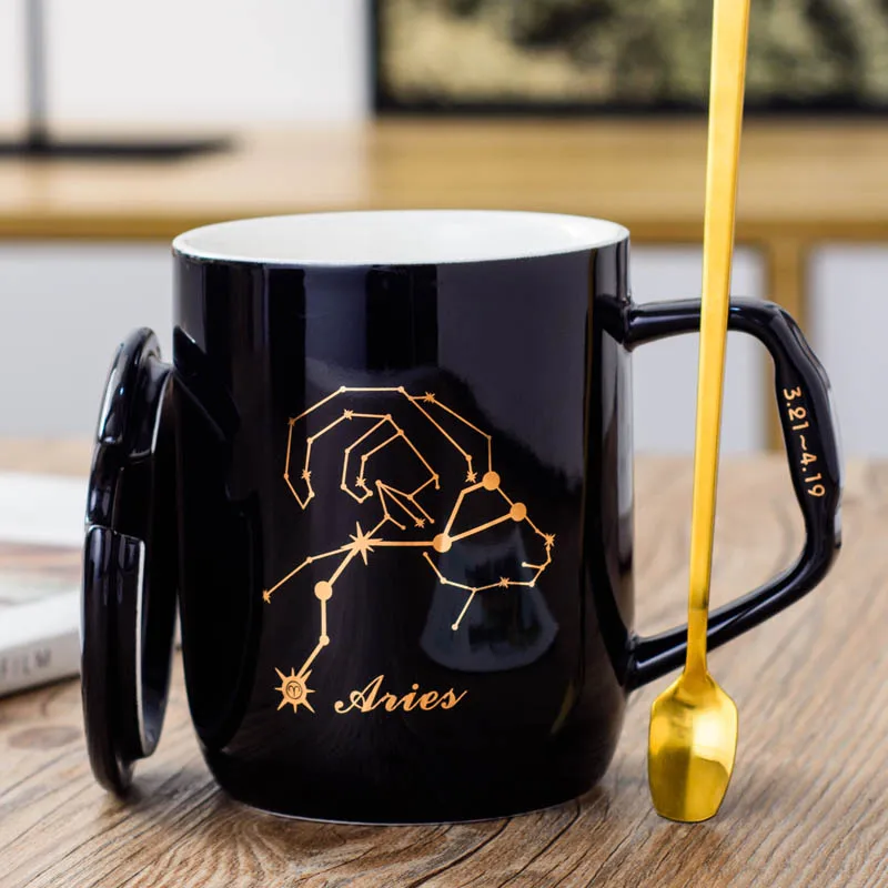 Aries (black) 12 созвездие керамическая кружка с покрытой ложкой креативная черная и белая Пара кофейная чашка ins чашка для воды - Цвет: Aries (black)