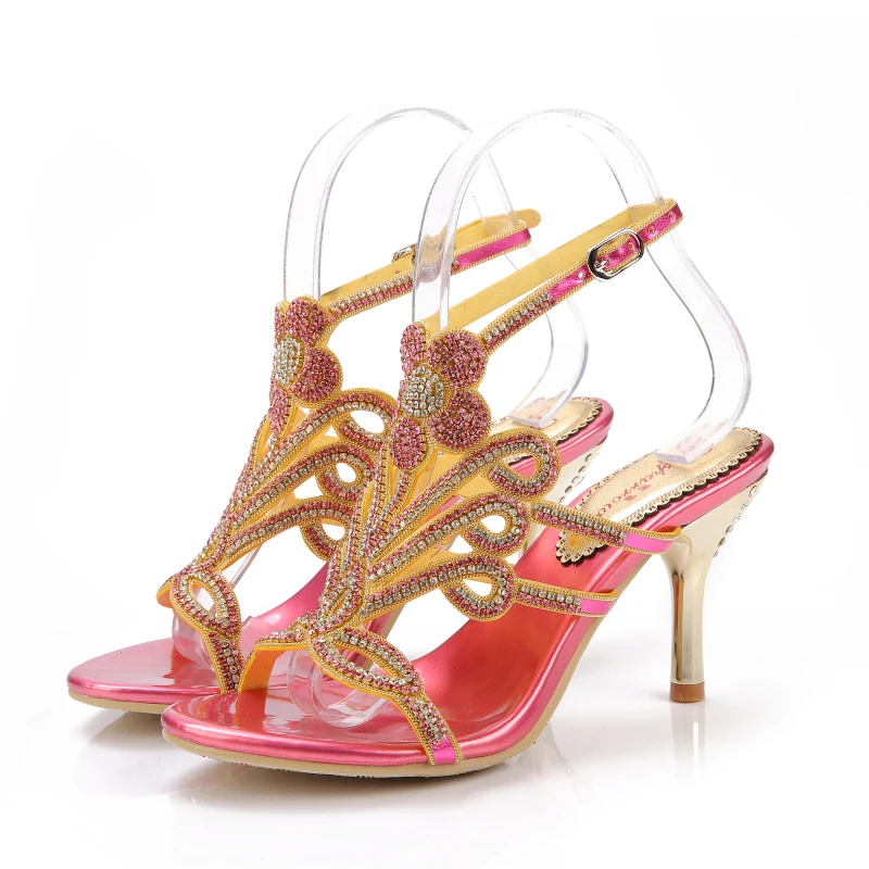 

2019 Summer New Noble Red Rhinestone Flower Pattern Stiletto Shoes Luxury Banquet Evening Wedding Shoes High Heel Sandals 7.5CM
