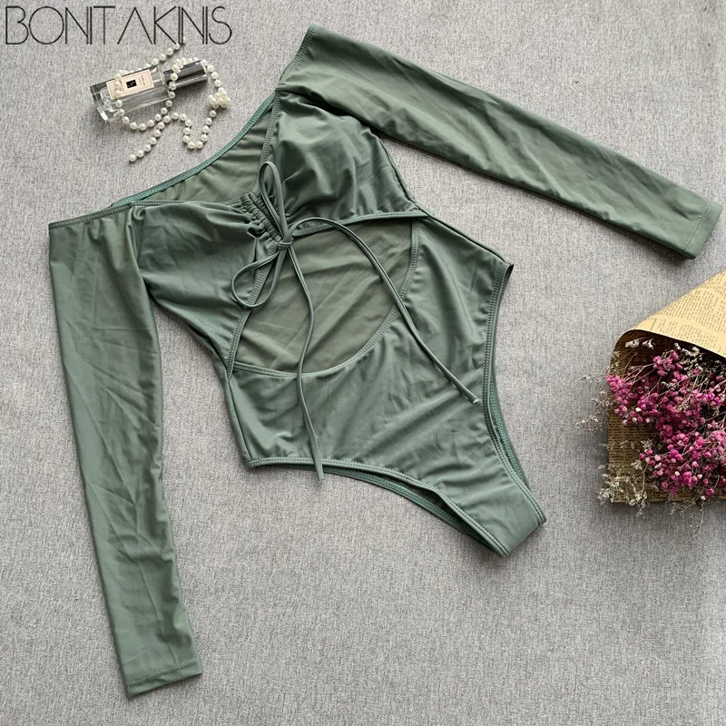 Bonitakinis 2019 с длинным рукавом чистый цвет цельный купальник сексуальный женский
