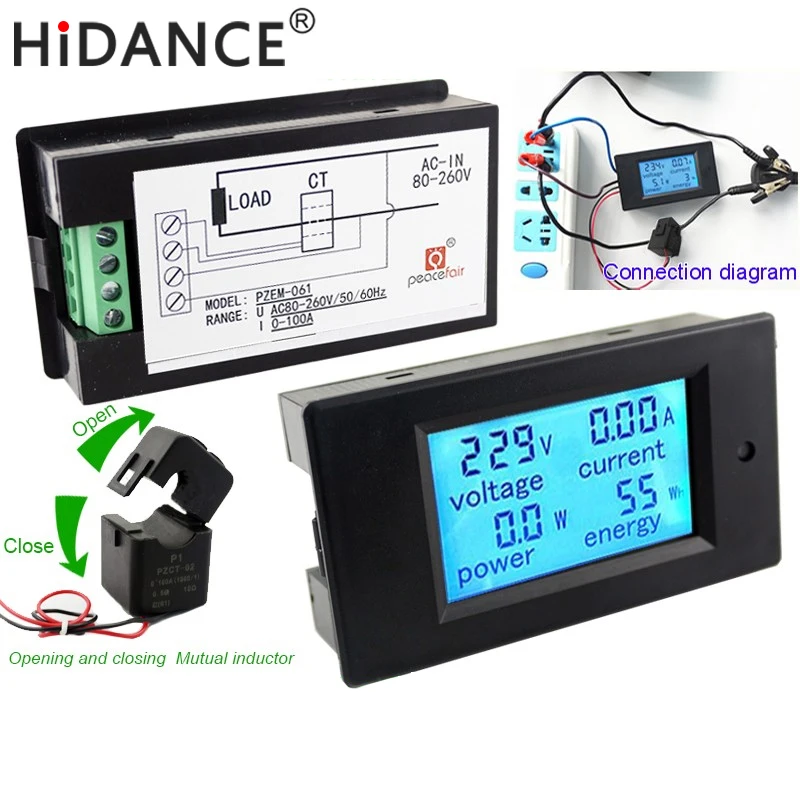 

AC Digital Voltmeter Voltage Meters 80~260V/100A Power Energy analog Ammeter watt current Amps Volt meter LCD Panel Monitor