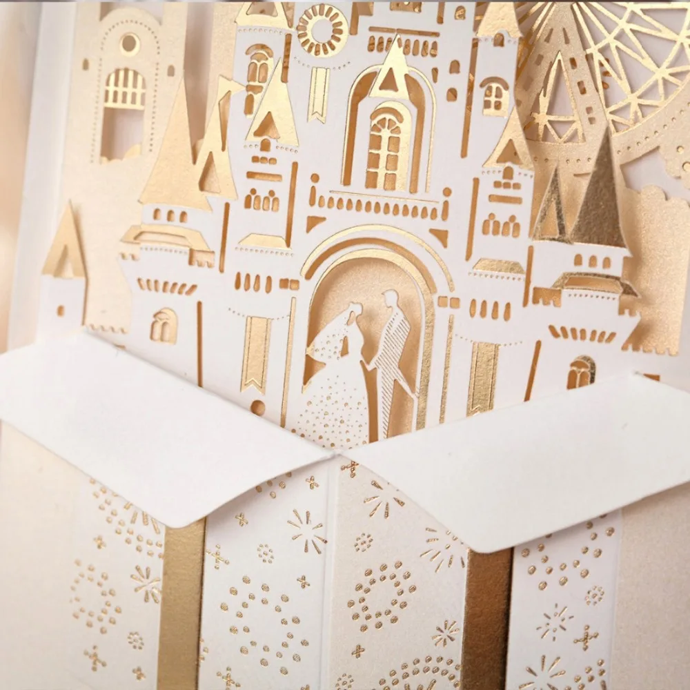100 шт. лазерная резка для свадьбы Пригласительные открытки с 3D Золотой позолотой