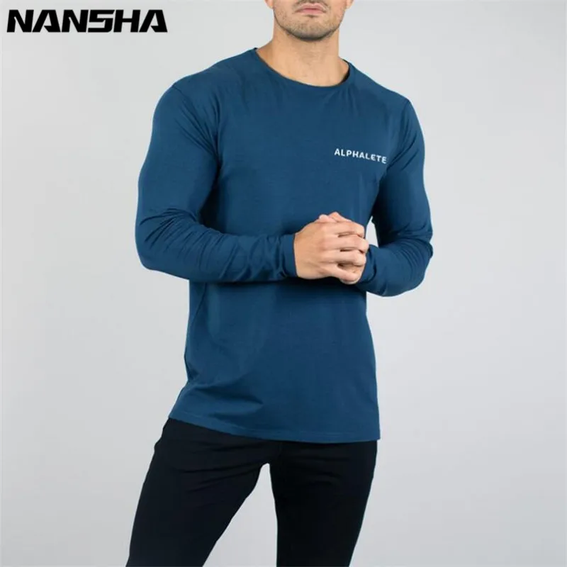 blue ALPHALETE Новая мода новая мода тренажерные залы спортивные для бодибилдинга футболки Для мужчин с длинным рукавом Фитнес Для мужчин, одноцветные, высокое качество детские футболки - Цвет: blue
