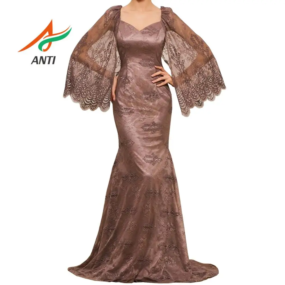 

ANTI Plus Size Long 2019 Mother Of The Bride Dresses Mermaid V-neck 3/4 Sleeves Tulle Lace Long Elegant Groom Mother Dresses