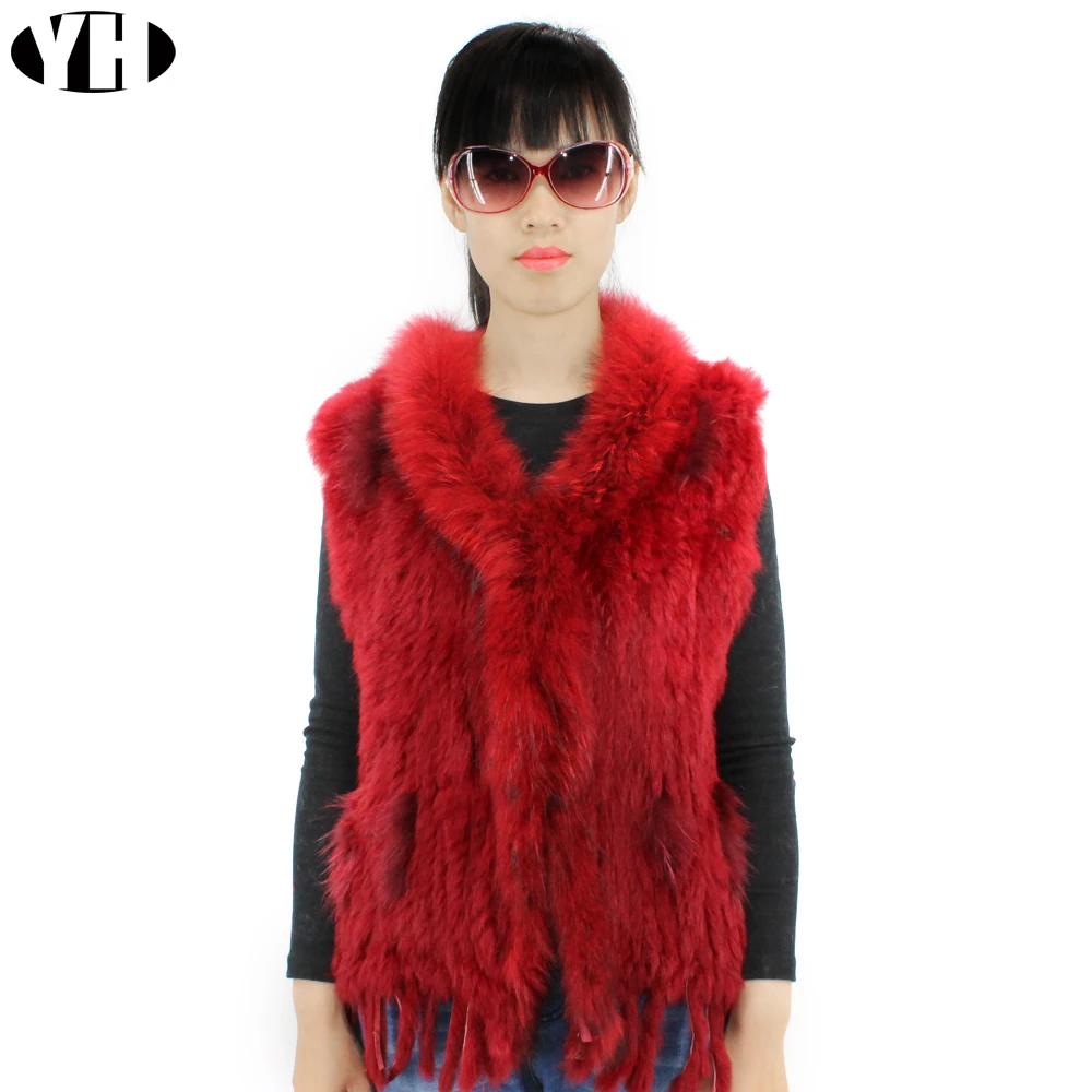 Зимний женский жилет из натурального кроличьего меха с воротником енота Женская