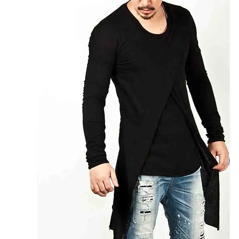 

HOT 2020 Spring Autumn Long style Over buttocks Art cardigan gentleman fake two piece Men's Long style T-shirt black Tee Top