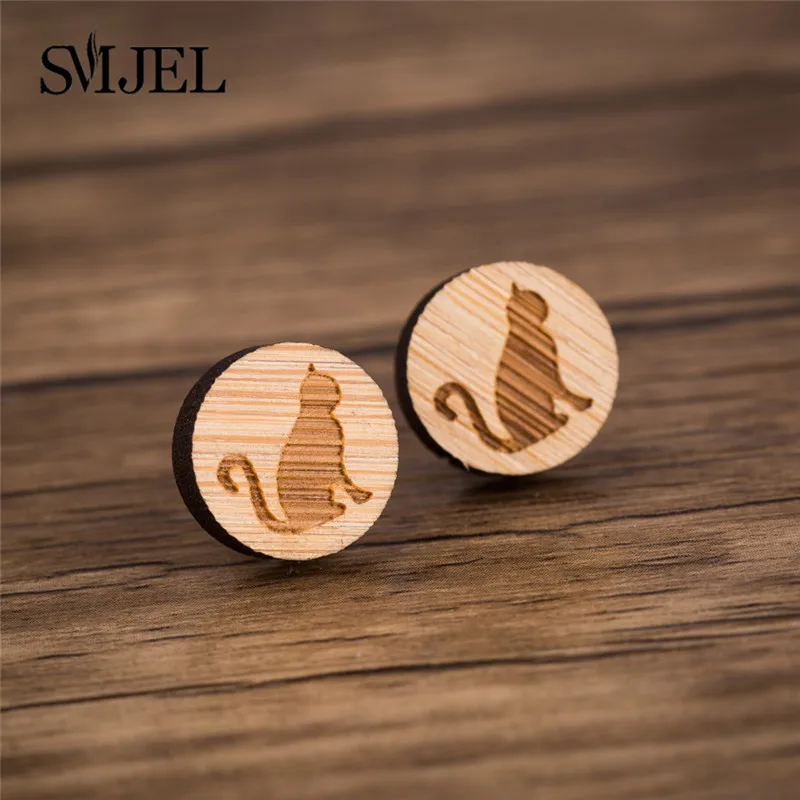 Cat Earrings Wooden SMJEL Панк Круг Кулон Серьги гвоздики деревянный для женщин Глобус мира серьги с картой ручной работы подарок для нее путешествия ювелирные изделия Мать Земля - Окраска металла: Cat Earrings Wooden