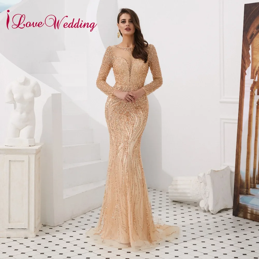 ILoveWedding, роскошное вечернее платье, прозрачное, с хрустальным бисером, с длинным рукавом, на заказ, серое, длинное, официальное, вечернее платье, настоящая фотография