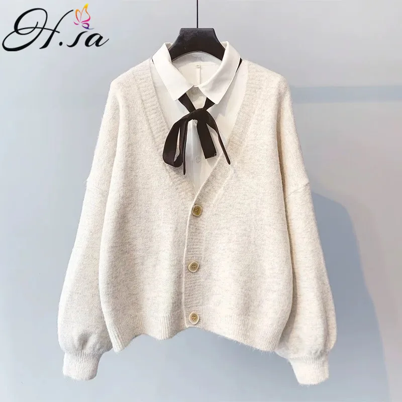 HF19455 Beige H. SA женский свитер, кардиганы с длинным рукавом, короткое весеннее вязаное пальто, v-образный вырез, на пуговицах, яркие цвета, желтые свитера, пончо, осень - Цвет: HF19455 Beige