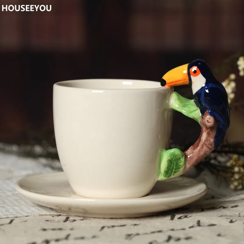 Керамическая 3d-кружка с мультяшным 3d-рисунком ручная роспись блюдце попугае