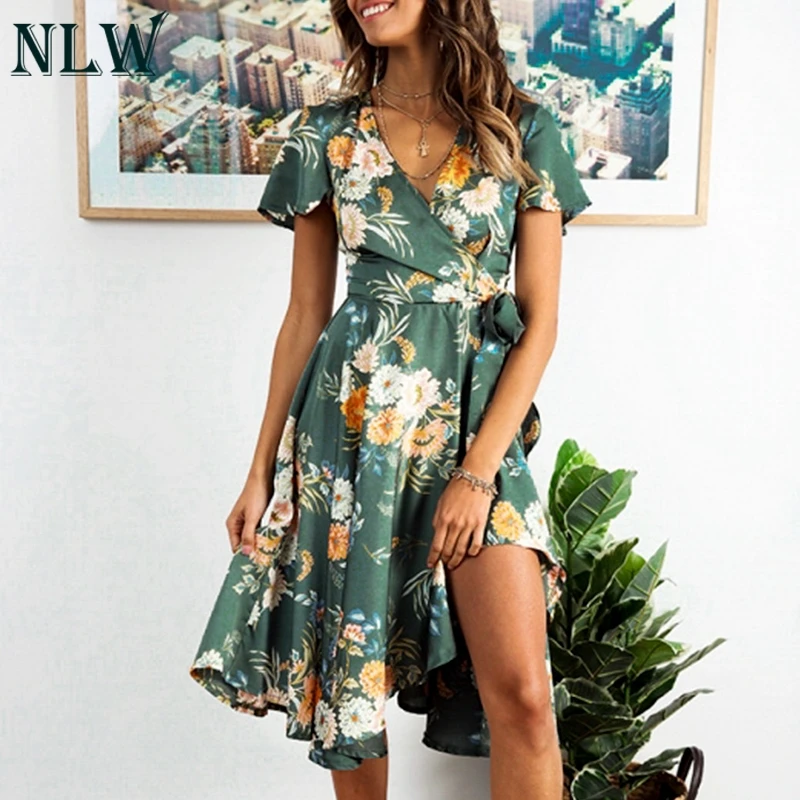 NLW женское элегантное зеленое платье с цветочным принтом Vestido Body wrap Пляжное