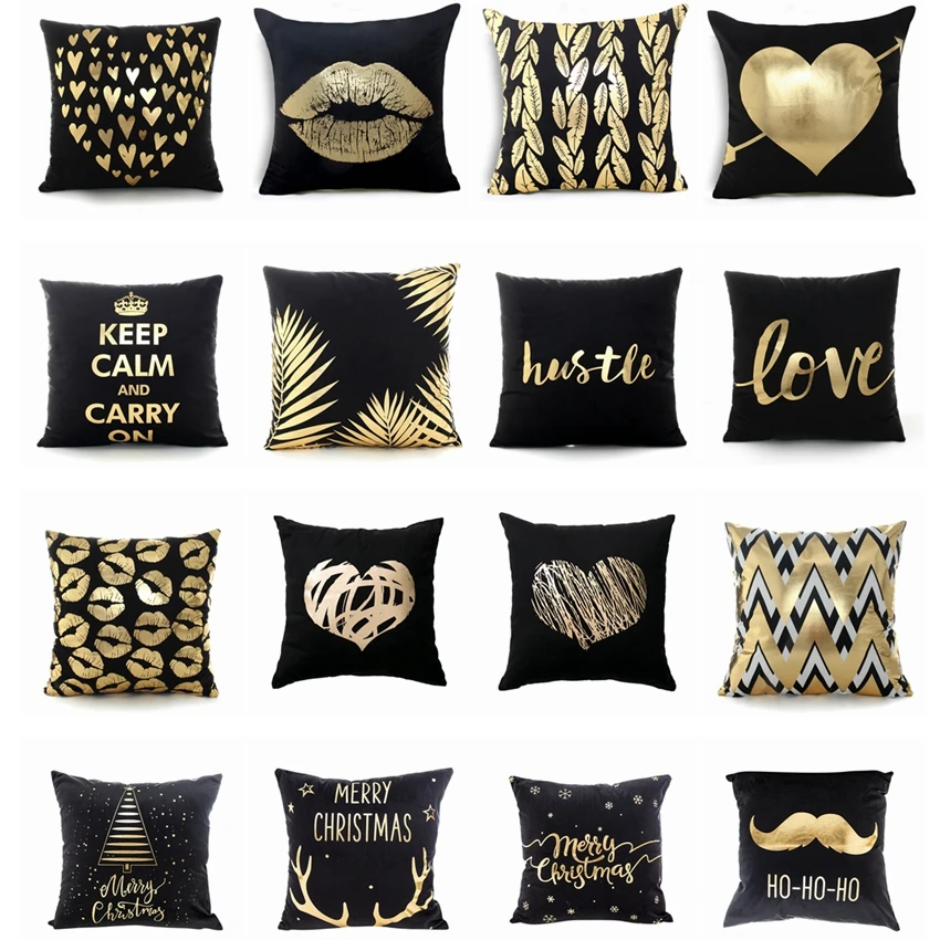 

Black Bronzing Cushion Decorative Pillows Gold Foil Printed Pillowcase Home Decoration Sofa Throw Pillows 17*17inch Christmas