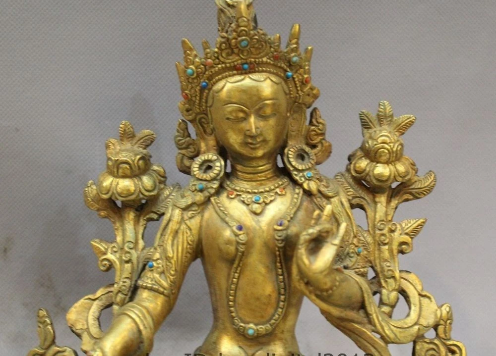 Китайская старая бронза собирает зеленый Тара Будда богиня Гуаньинь статуя