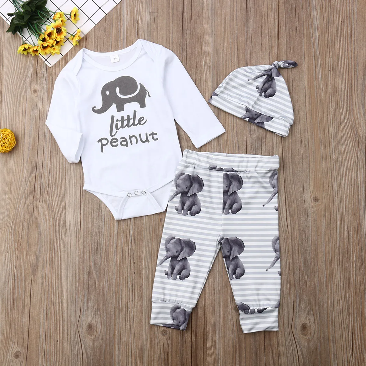 2019 Baby Spring Autumn Clothing Newborn Infant Kid Girl Boy Cartoon Elephant Long Sleeve Romper Tops+Pants Hats 3pcs Sets | Детская