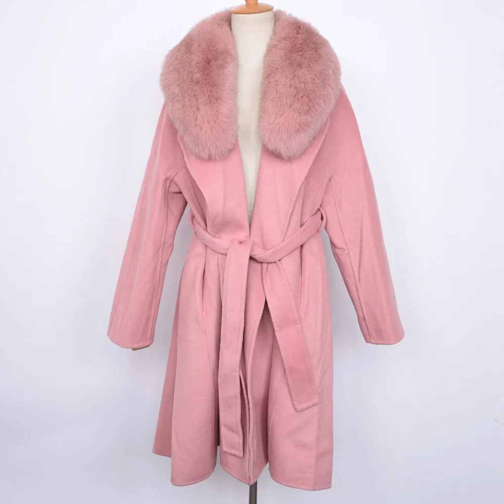 Pink Женское зимнее шерстяное пальто с воротником из натурального Лисьего меха, кашемировая куртка с поясом для женщин, модное шерстяное пальто-жакет для женщин S7493 - Цвет: Pink