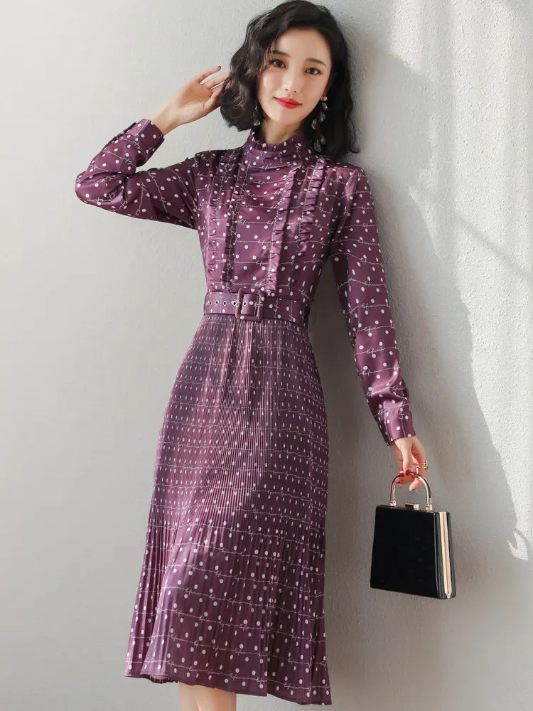 2019 new women's spring retro western European station dot dress and autumn businee offive purple | Женская одежда