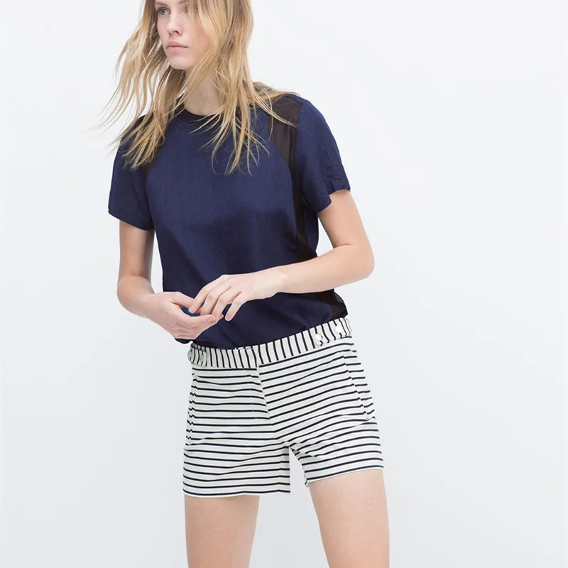 2017 Для женщин мода Бермуды Шорты для эластичный пояс черный в полоску лозы летние