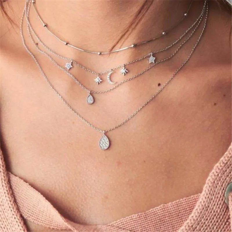 Silver BUTEELUVV богемное многослойное ожерелье на цепочке для женщин Элегантная серебряная, в стиле бохо Стразы новая луна звезда кисточкой кулон ожерелье - Окраска металла: Silver