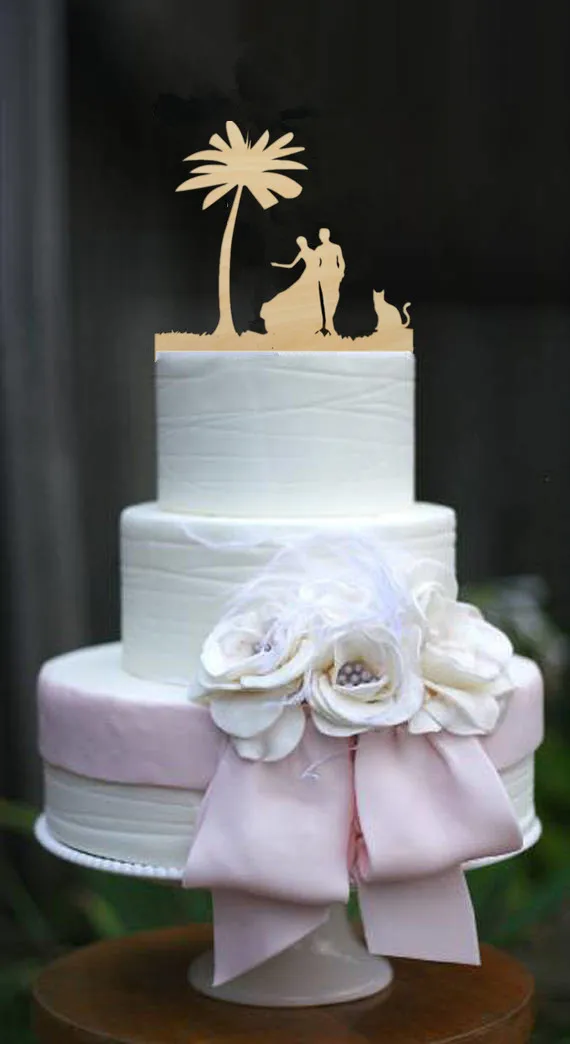 Фото Деревянный Топпер для свадебного торта невесты и жениха с котом украшение