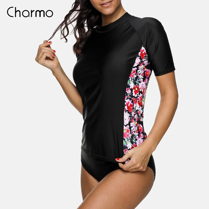Charmo, Женский Рашгард с коротким рукавом, купальник, цветочный принт, для бега, рубашка для езды на велосипеде, для серфинга, топ, купальники, Рашгард, UPF 50