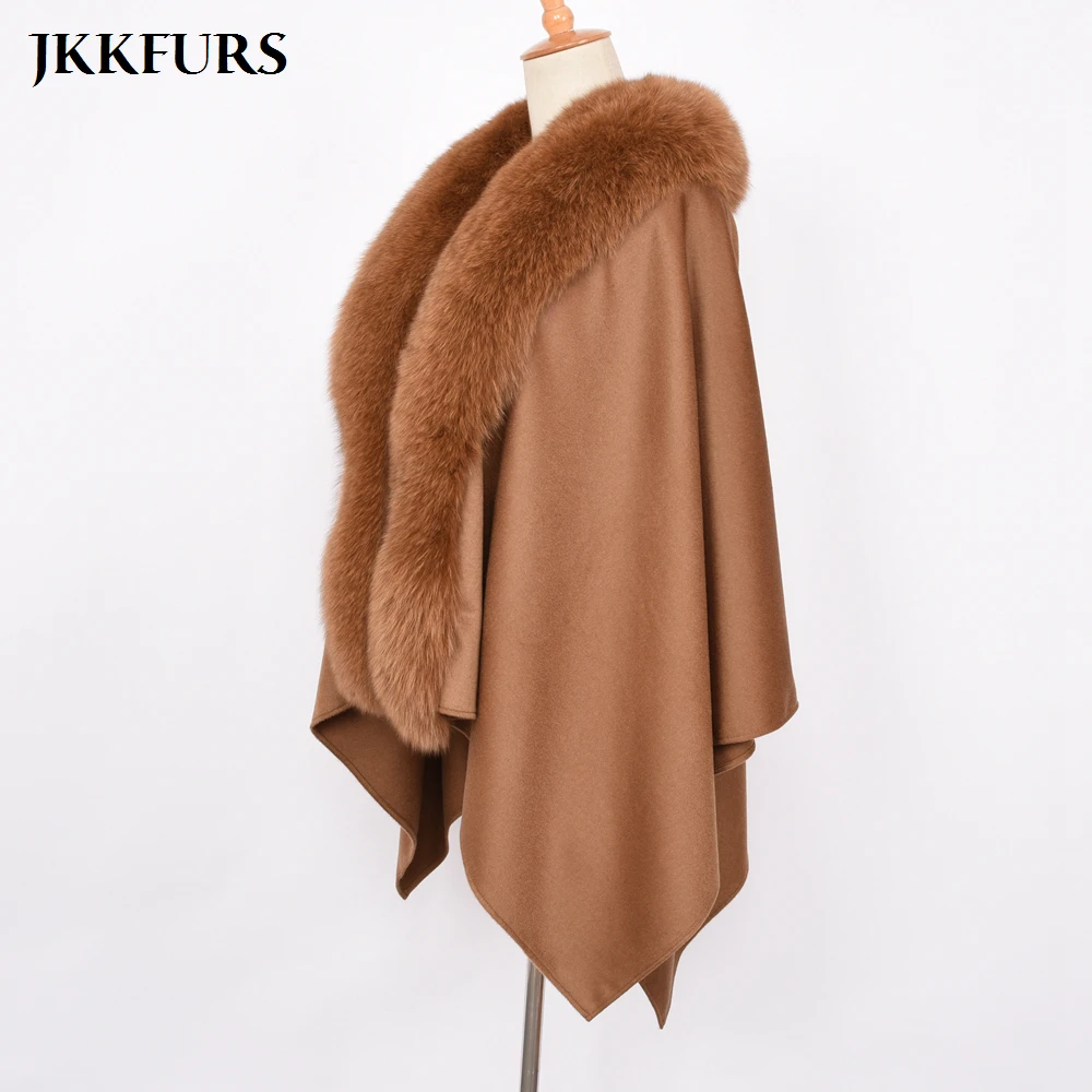 JKKFURS, новинка, женское пончо, натуральный Лисий мех, воротник, отделка и шерсть, накидка, модный стиль, высокое качество, зимнее теплое пальто S7357