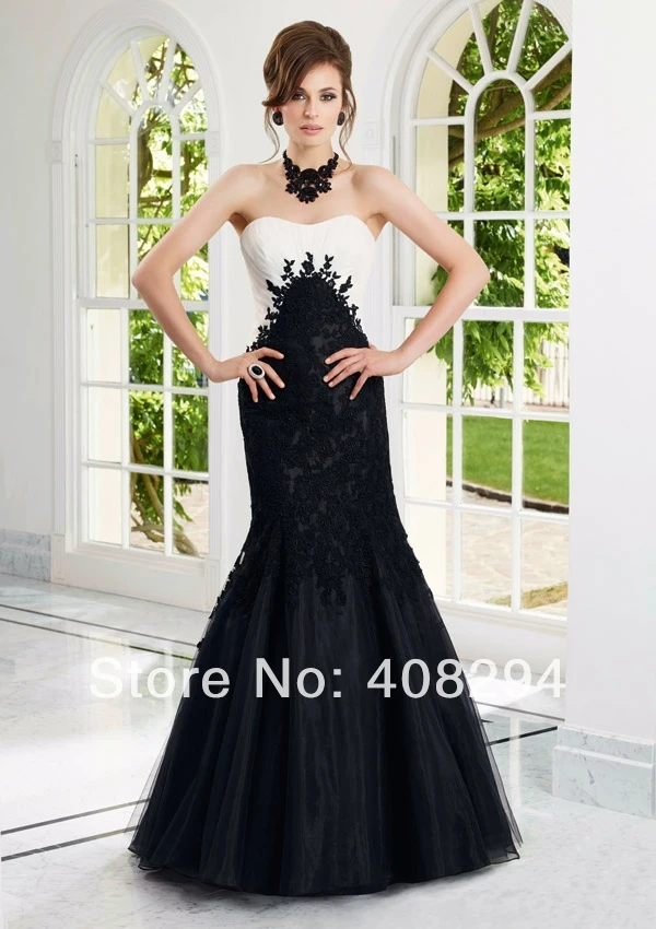 FS-1403211310 Sexy mermaid appliqued sweetheart floor length white and black evening dress 2014 | Свадьбы и торжества