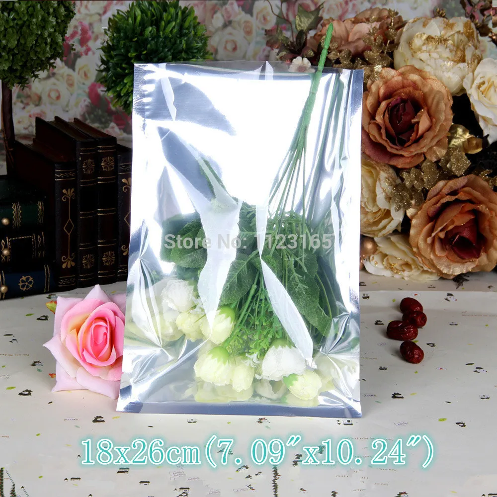 

18x26cm(7.09" x 10.24"),100pcs X Translucent Silvery Metallic Plating Aluminium Bag - foil and Front clear plastic flat pouches