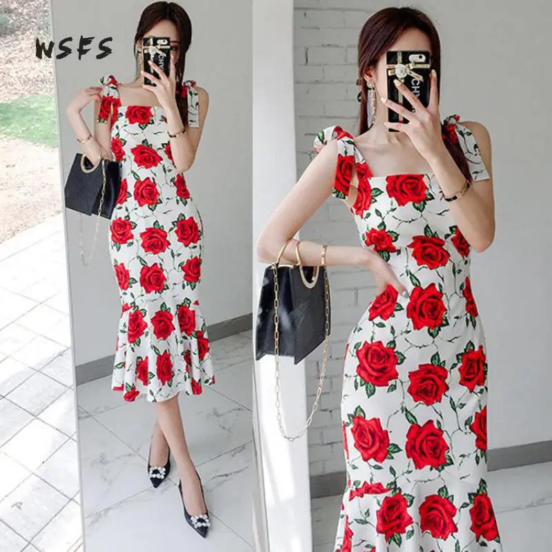 Summer Red Floral Print Dresses White Spaghetti Strap Women Dress Sexy Party Bodycon Bandage Midi Mermaid Vestidos Mujer | Женская