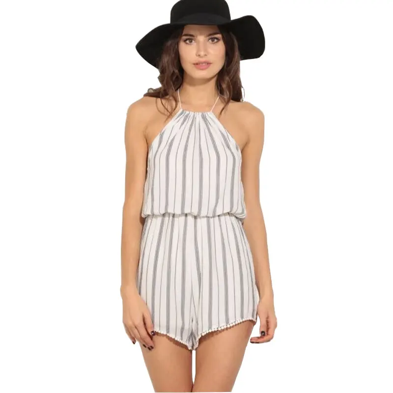 Лето 2016 пляж женщины комбинезоны полосатый кисточкой комплект мини комбинезон