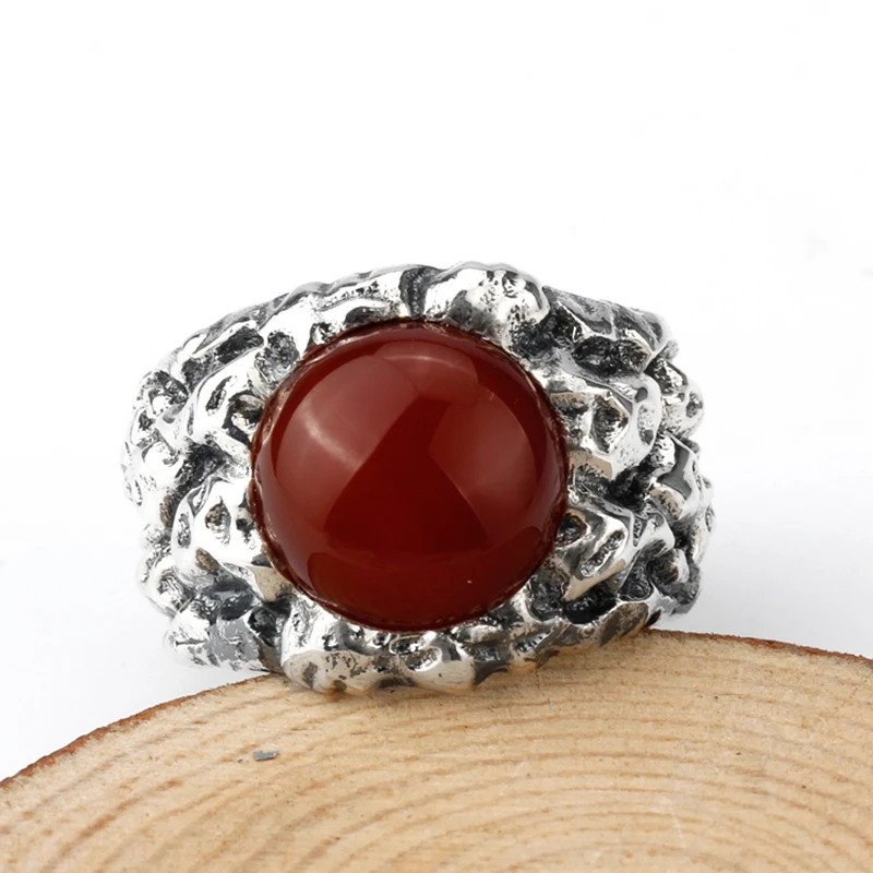 Adjustable Mens Ring 925 Sterling Silver Punk Big Carved Red Agate Stone Engraved Unique Party Jewelry | Украшения и аксессуары